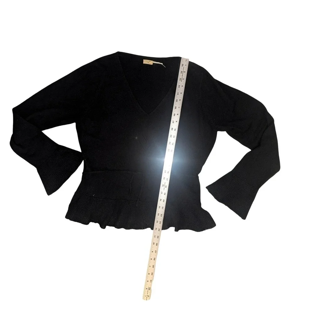MaxStudio‎ Cahsmere Sweater Women M Black V-Neck Tie Waist Peplum Bell Sleeve XL